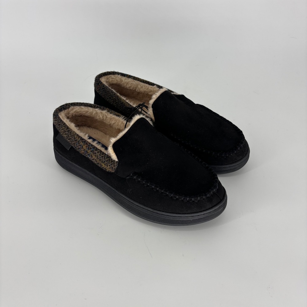 Cole Haan Plaid Trim Faux Fur Lined Microsuede Slipper Black Men Size Small 7-8